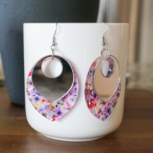 Layered Floral Acrylic Earrings – Mirrored Top Dangle Earrings – Statement - Picture 7 of 11